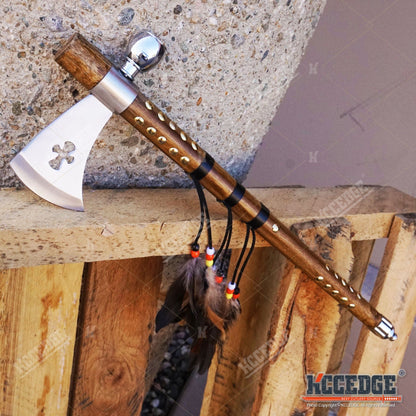 Native American Tomahawk Hatchet Replica 19in – Decorative Peace Pipe Axe with Wooden Handle, Feather & Brass Accents, Southwestern Western Decor Collectible, Cosplay Prop & Unique Gift for Men Dad