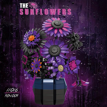 Sunflower Building Blocks Bouquet Set for Adults – Purple Van Gogh Art Botanical Flower Brick Kit Creative Home Decor Display Model, Unique Birthday Mother's Day Valentine's Day Gift for Women