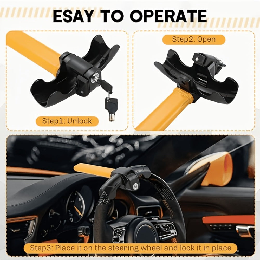 Universal Car Steering Wheel Lock Anti-Theft T-Bar – Heavy-Duty Thick Steel, Cut-Resistant, Computer-Coded Crescent Cylinder, Stops Keyless Entry Robbery, Fits All Vehicles, Includes 2 Keys