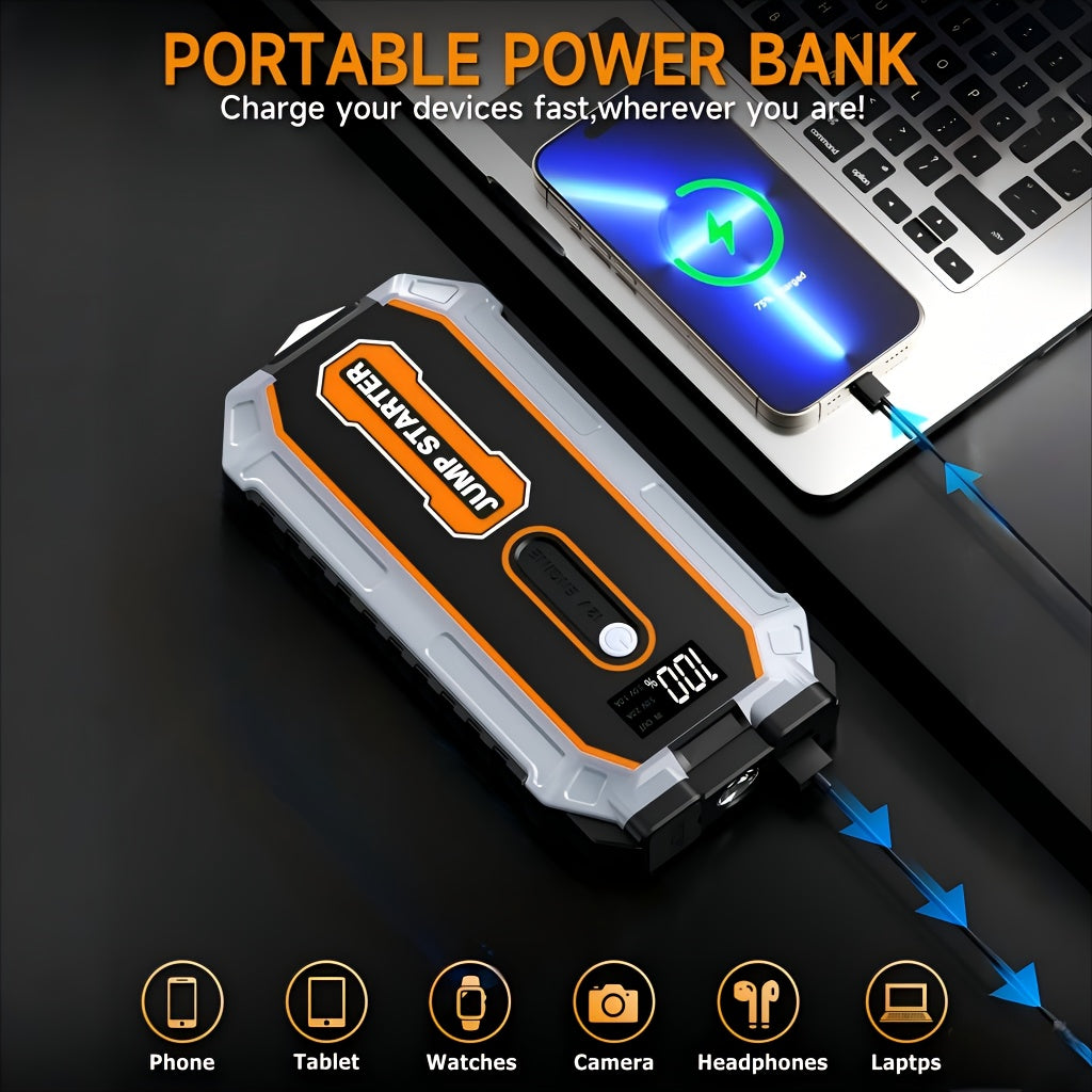 Powerful Car Battery Jump Starter with a Peak of 6500A, Suitable for 2.64gal Gasoline And 2.11gal Diesel Engines, Equipped with Safety Features Such As a Flashlight And Emergency Hammer
