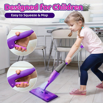 Kids Spray Mop Toy with Real Water Sprayer – Pretend Play Cleaning Set for Toddlers Girls Boys Ages 3 4 5 6, Purple Lightweight Mop, Fun Housekeeping Gift
