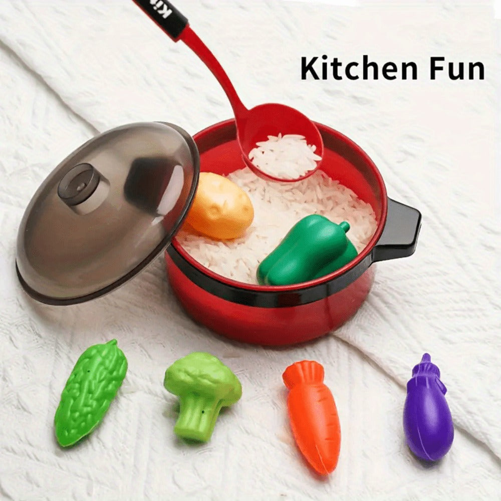 Kids Pretend Play Kitchen Set 51 Pcs – Cookware Tableware & Play Food Toddler Kitchen Toy for Boys & Girls Ages 3+ – STEM Learning Role Play Cooking Gift for Birthday Christmas Holiday Red