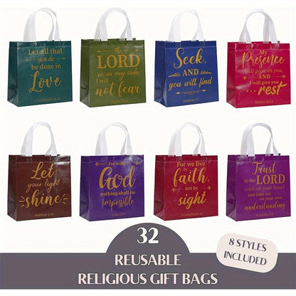 Bible Verse Gift Bags Bulk 32 or 64pcs | 8 Colors Reusable Christian Religious Gift Bags with Handles for Women | Medium Non-Woven Church Bags for Baptism, Wedding, Party Supplies, VBS, Faith Events