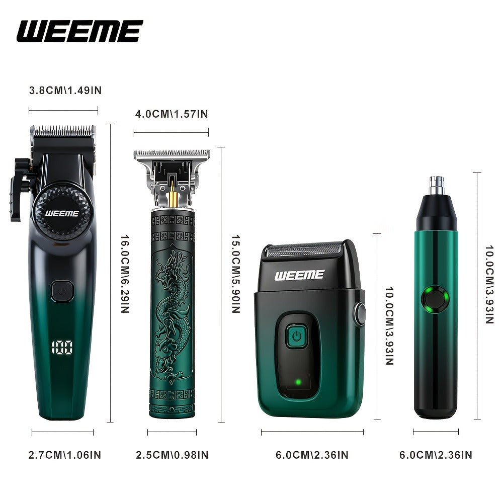 Hair Cutting Set 4pcs Professional - Electric Hair Clipper, Electric Shaver, T-Blade Trimmer & Nose Hair Trimmer, Gradient Green Gift Box, Precise Grooming Kit for Home Use & Gift