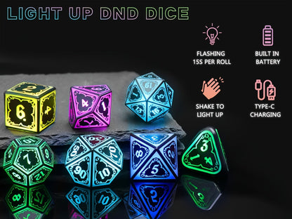 RGB LED DND Dice Set Rechargeable 7pcs – Illuminated Polyhedral Dice with Type-C Charging Case for D&D RPG Tabletop Games, Astral Shard Black, Glow in Dark Gift for Gamers