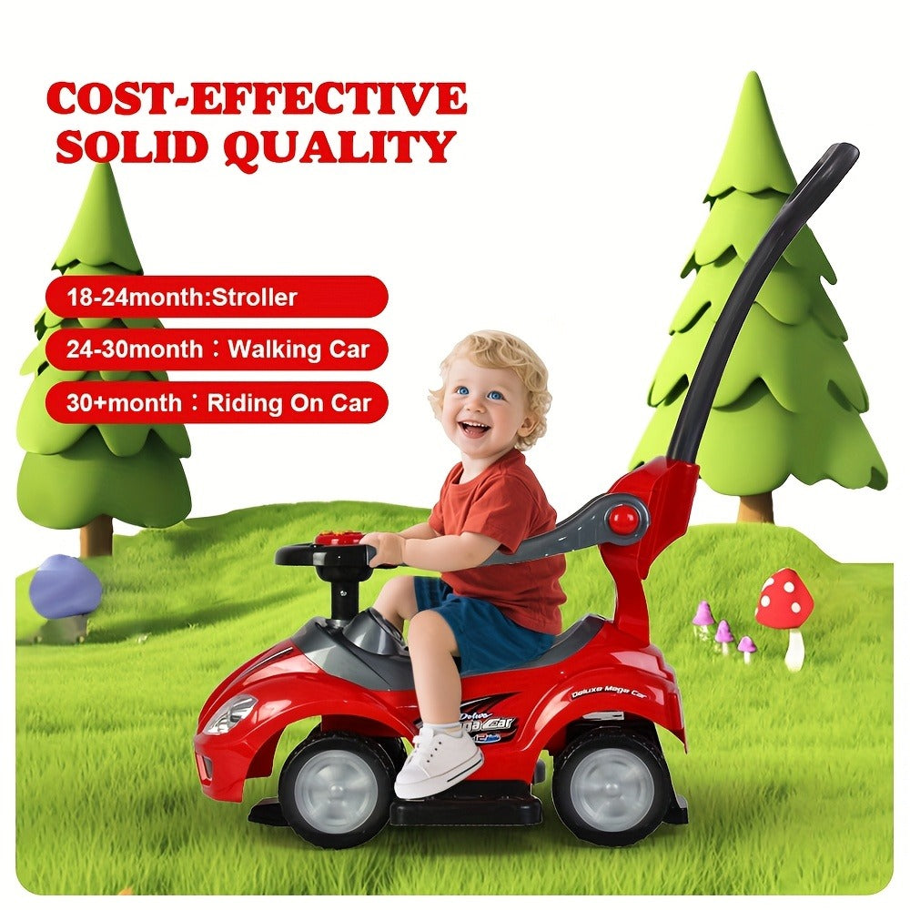3-in-1 Toddler Push Ride & Walker Car – Baby Ride-On Toy with Guardrail, Music & Under-Seat Storage for Ages 18–36 Months | Indoor Outdoor Safe Play | Pink, Red