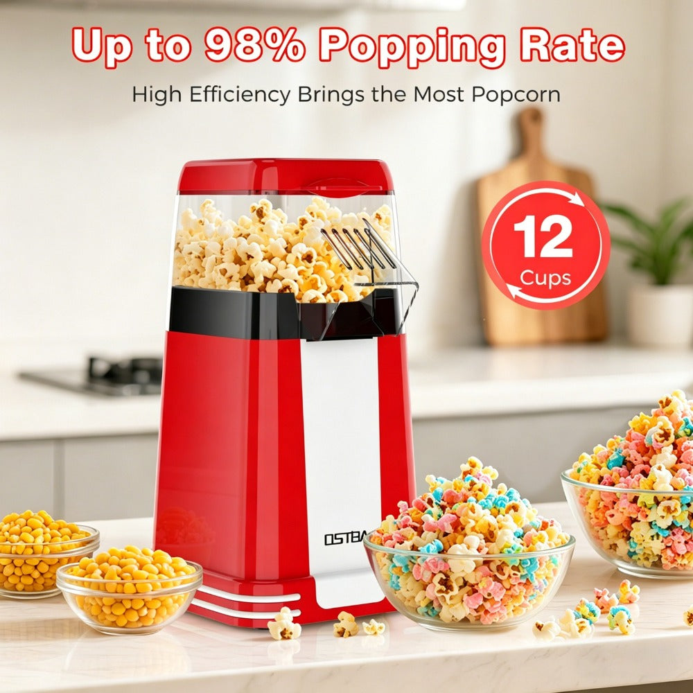 Hot Air Popcorn Popper Maker 16 Cups – Oil-Free Electric Popcorn Machine with Measuring Cup for Kernels & Butter Melting, Healthy Family Snack