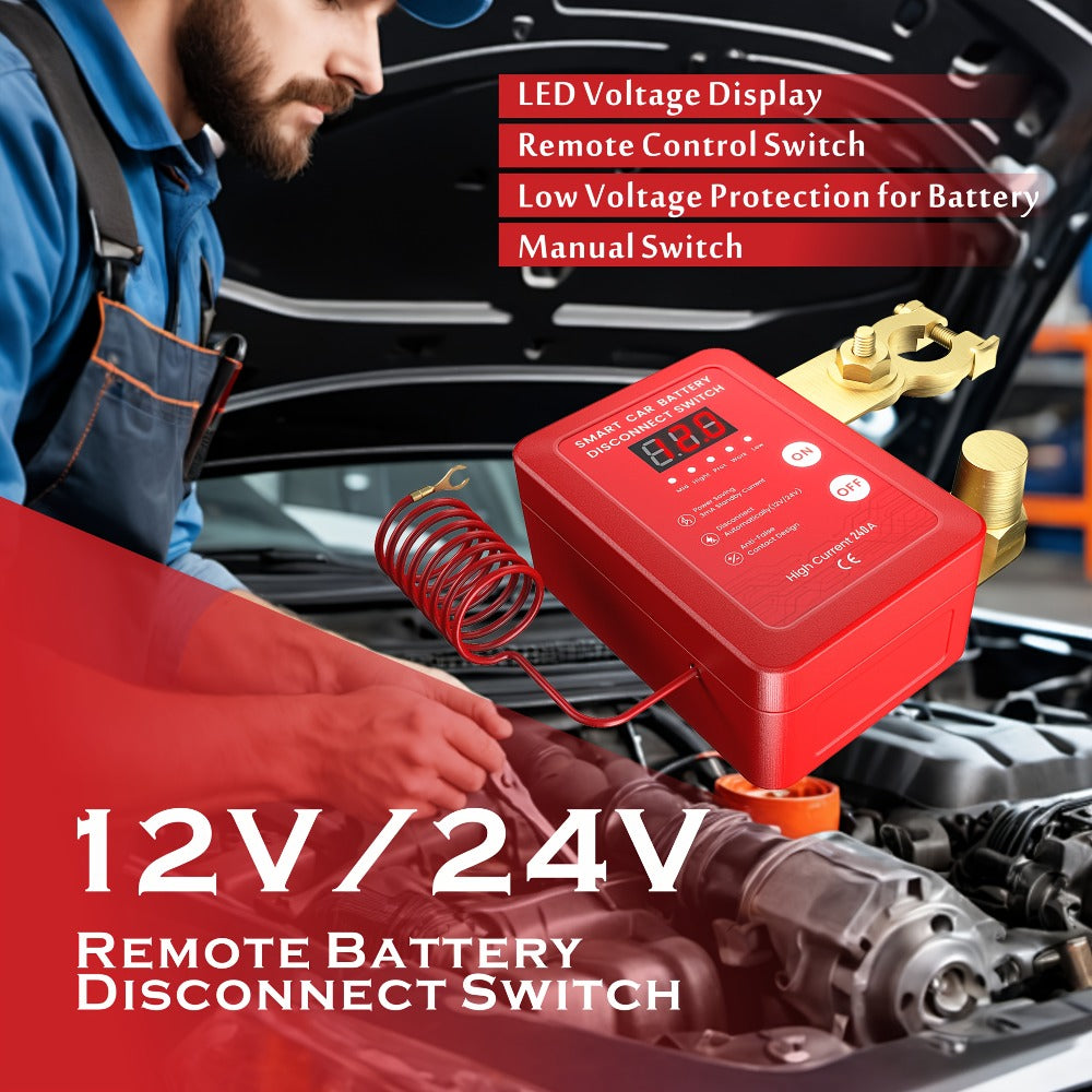 Wireless Battery Kill Switch – 12V/24V 240A Remote Control Cutoff with LED Voltage Indicator, Auto Shutdown, Emergency Stop for Car Truck Boat RV ATV Motorcycle