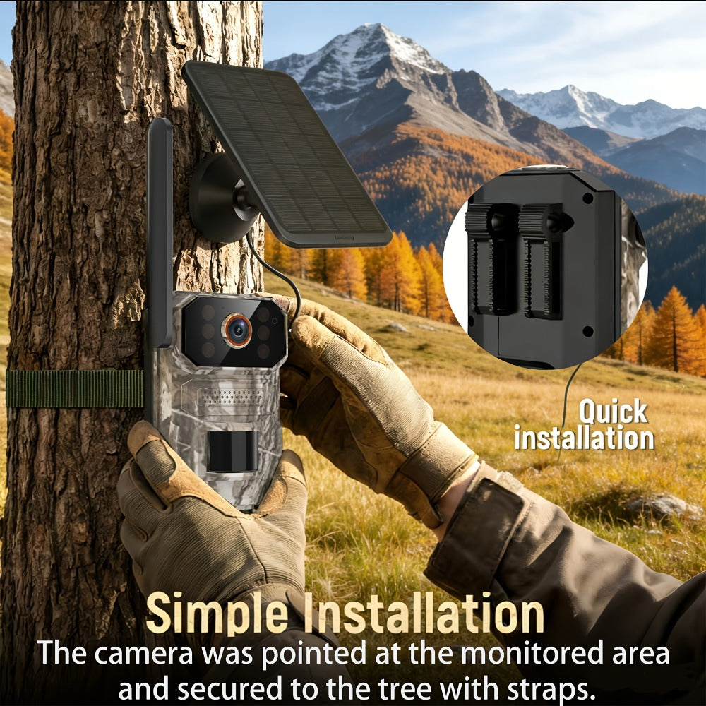 4G LTE Cellular Trail Camera with Solar Panel – 4K Wildlife Monitoring Camera, PIR Motion Sensor, Infrared Night Vision, Two-Way Voice, Remote Access, No WiFi Required, for Hunting & Security (Camo/Brown)