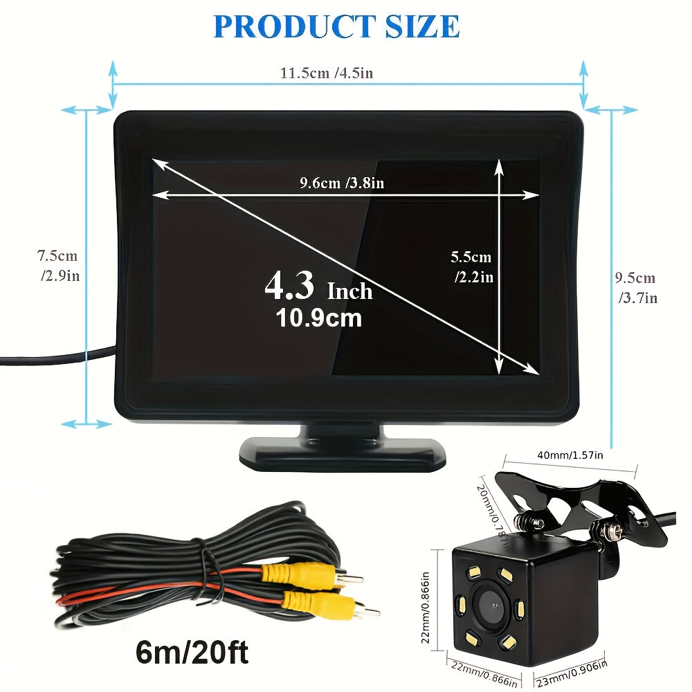 Car Rearview Mirror HD Parking System Night Vision 4.3 Inch Display 6 LED Light HD Reversing Rearview Mirror Kit with Wide Angle Lens for Safe Parking And Reverse Driving - Perfect for Cars, Pickups, SUVs, No Battery