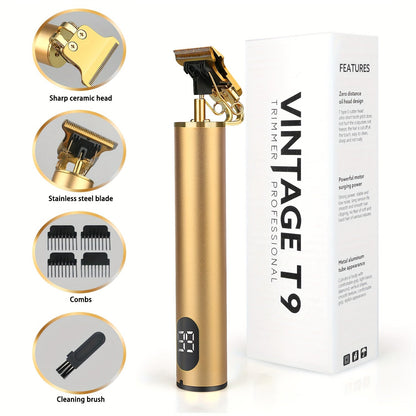 T-Blade Trimmer for Men Cordless Rechargeable - Nano Titanium Alloy Blades LED Display 4 Guide Combs 1.5-4mm - Pro Electric Hair Clipper for Hairline Fade Outline Beard Sculpting Black & Gold