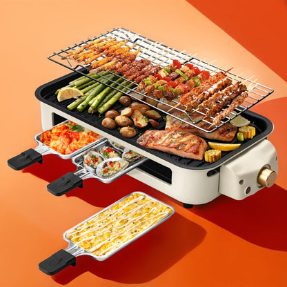 Indoor Electric Smokeless Grill 1500W – Raclette Table Grill with 3 Mini Pans, 16x9" Non-Stick Detachable Plate, Dishwasher Safe, Portable for Home Kitchen