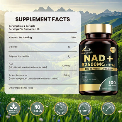 NAD+ Supplement 62500mg with Nicotinamide Riboside & Trans-Resveratrol — Healthy Aging, Brain Health, Memory & Focus Support | Sirtuin Activator | 100 Softgels 50-Day Supply | 1-3 Bottle Options
