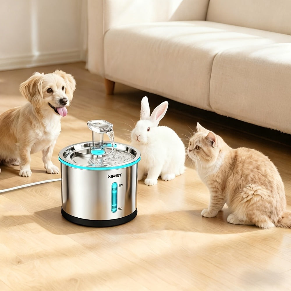 Cat Water Fountain Stainless Steel 50oz/1.5L - Ultra Quiet Auto Pet Water Dispenser with LED Light, Visible Window & Dishwasher Safe - Includes Replacement Filters for Cats & Dogs Indoor