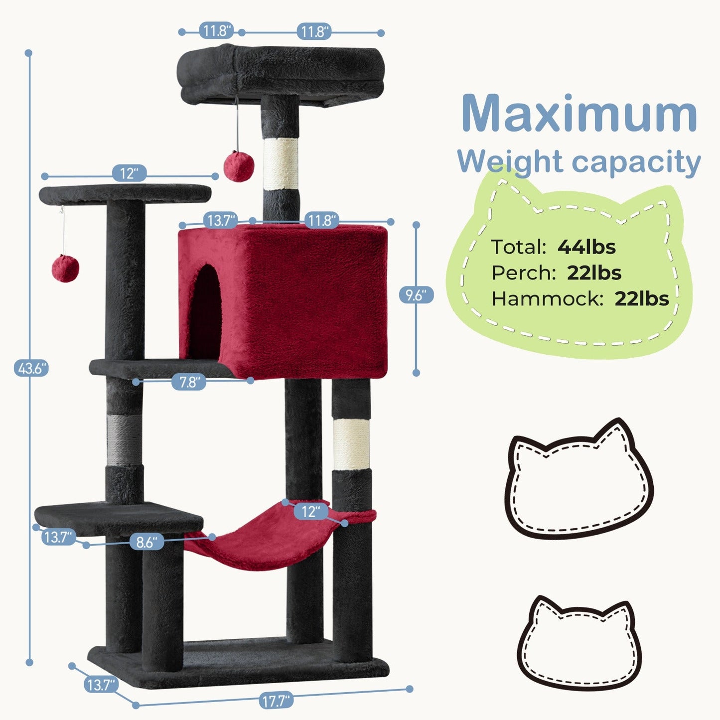 44-Inch Cat Tree Tower with Condo & Hammock - Multi-Level Indoor Cat Tree with Natural Sisal Scratching Posts, Perches & Pet House for Cats & Kittens, Stable Cat Climbing Tower, 5 Colors