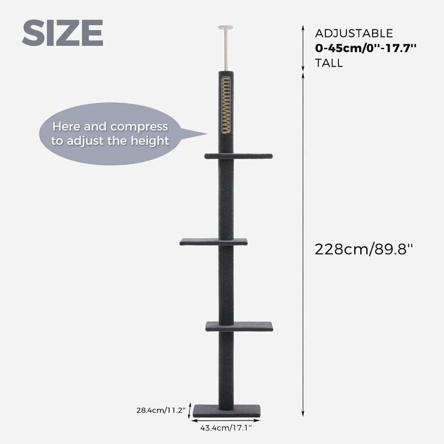 Floor to Ceiling Cat Tree Tower 90–107" – 4-Tier Tall Adjustable Cat Climbing Post with Tension Rod | Ceiling-Mounted Stable Cat Activity Center for Indoor Cats, Multiple Colors
