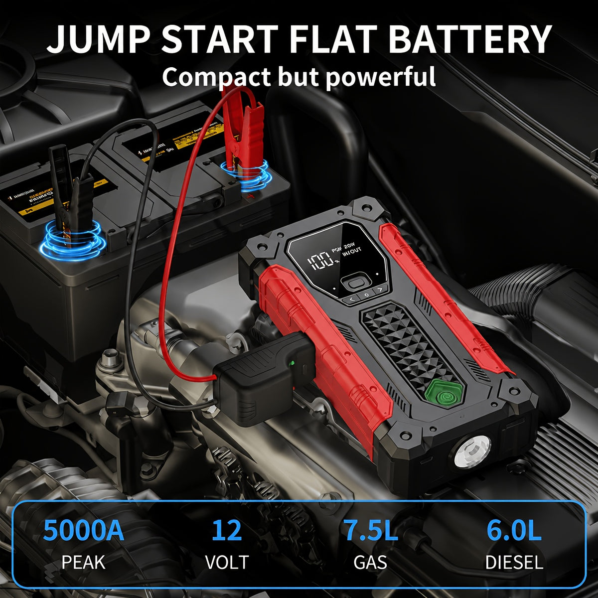 10000A 7-In-1 Multifunctional Emergency Jump Starter with 150PSI Air Pump, Digital Tire Inflator, Portable Car Battery Charger, Up to 2.64gal Gas/2.38gal Diesel, LED Emergency Light & USB Charging, Car Emergency Tool. Suitable As a Holiday Gift