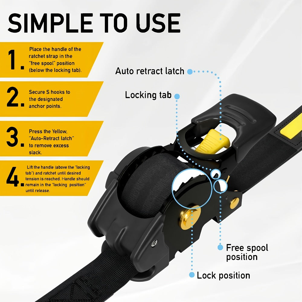 Auto Retractable Ratchet Straps 2-Pack – Heavy Duty Tie Down with Automatic Tightening, 1100/1400/1700 LBS Capacity, Abrasion-Resistant, for Truck Motorcycle Boat Trailer Canoe