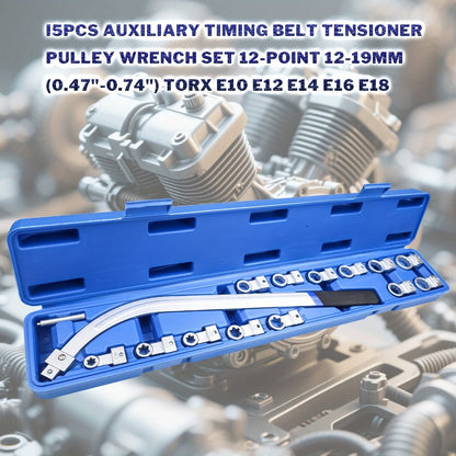 Belt Tensioner Pulley Removal Tool Kit 15-Piece - Auxiliary Engine Belt Removal Set with Multi-Size Adapters & Carrying Case, Universal Serpentine Belt Tensioner Tool for Car & Truck Engine Repair