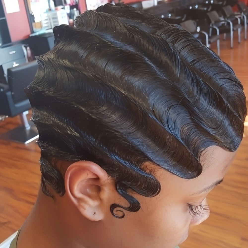 Short Human Hair Pixie Cut Wig Finger Wave Deep Ocean Wave Brazilian Virgin 180% Density Rose Net Cap 1B 613 Blonde Women Party Daily Wear