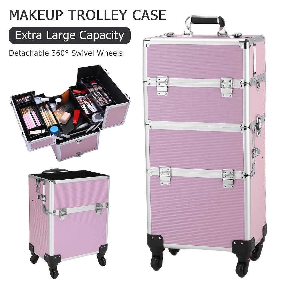 Lockable Aluminum Makeup Train Case with Extendable Trays Multi-Tier Professional Cosmetic Organizer — Portable Salon Travel Beauty Case with Lock Pink Rose Gold
