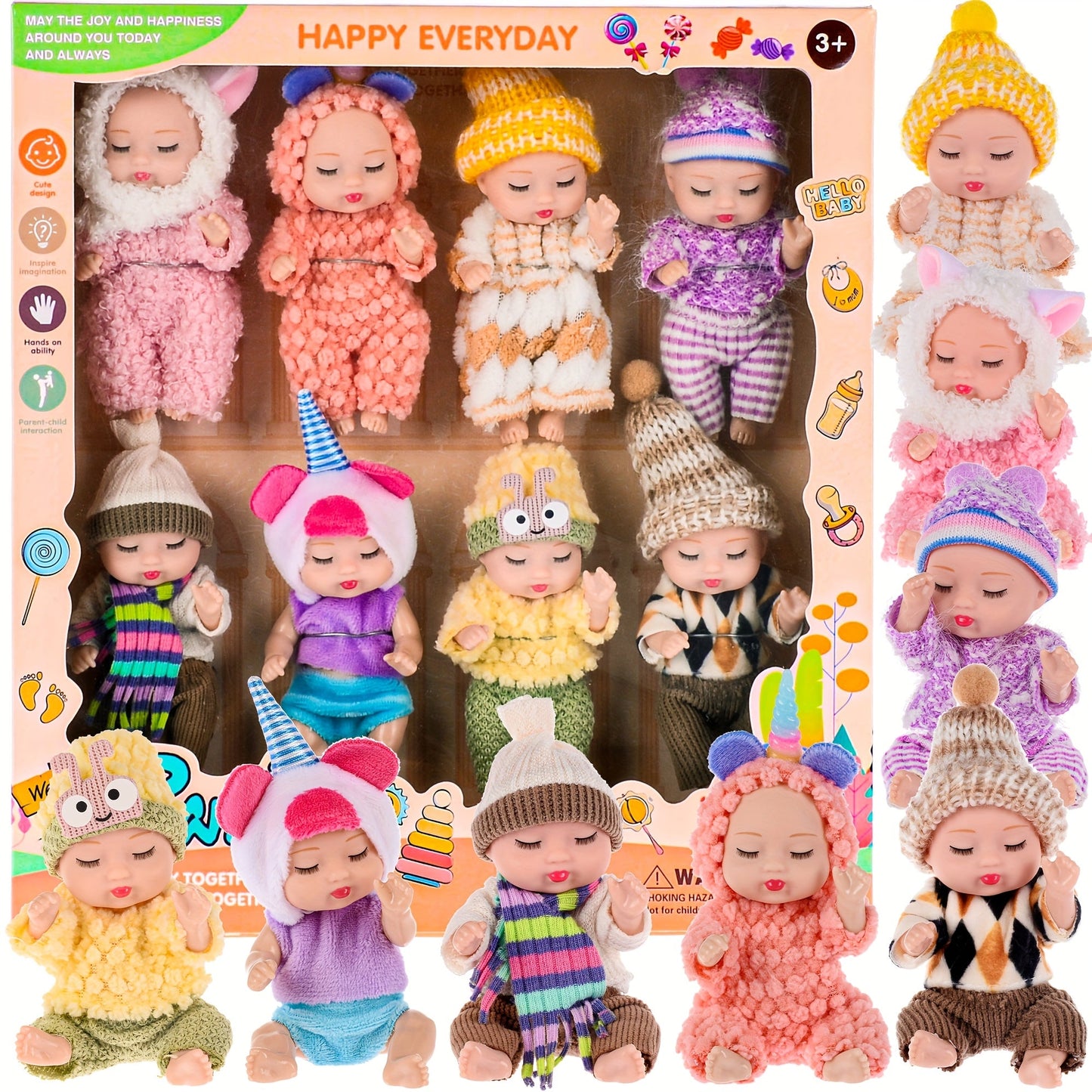 Mini Baby Dolls 8 Pack 4 Inch Animal Theme Outfits BPA-Free Non-Toxic ASTM Certified Miniature Doll Set Party Favor Stocking Stuffer Gift for Girls Ages 3-12 Birthday Christmas