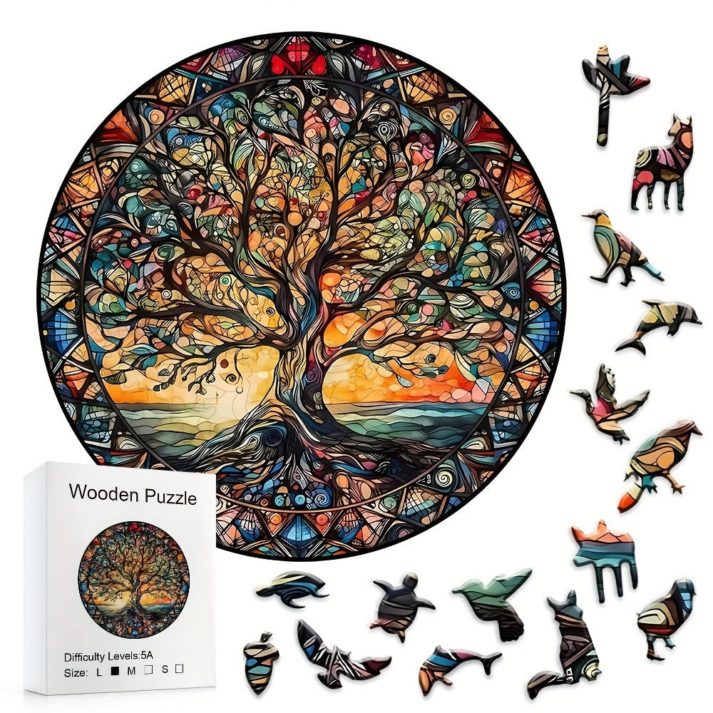 501-Piece Wooden Jigsaw Puzzle Tree of the Universe – Unique Irregular Shaped Pieces, Wood Storage Box, Cosmic Animals & Aliens Art, Brain Teaser Game, Educational Gift for Adults Teens, Christmas Halloween Birthday