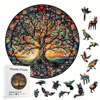 501-Piece Wooden Jigsaw Puzzle Tree of the Universe – Unique Irregular Shaped Pieces, Wood Storage Box, Cosmic Animals & Aliens Art, Brain Teaser Game, Educational Gift for Adults Teens, Christmas Halloween Birthday