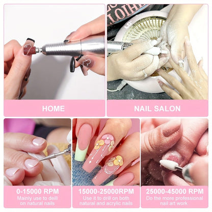 Low Noise Nail Drill Cordless 45000RPM Adjustable Speed with Power Display Portable Nail File Grinder for Gel Acrylic Nails Manicure Pedicure Home Salon Use Pink White Purple