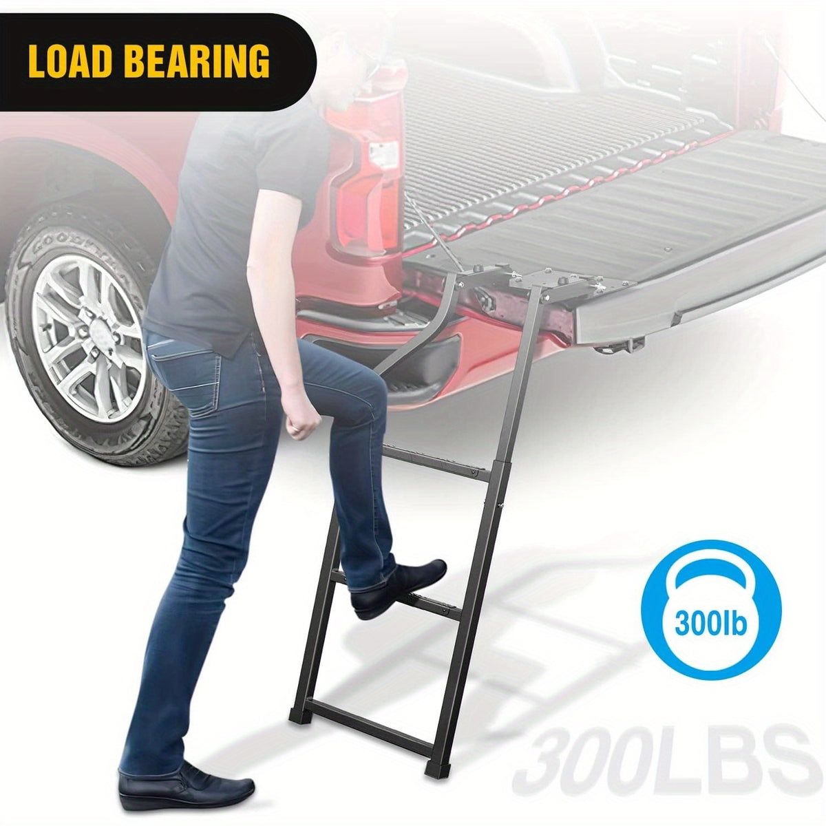 WAYWE Foldable Truck Tailgate Ladder for Pickup with Aluminum Step Grip Plates, Replaceable Rubber Ladder Feet & Stainless Steel Self Drilling Hex Screws for Easy Installation Folding Heavy Duty Tire Step Fit Tire From 10inch to 15inch