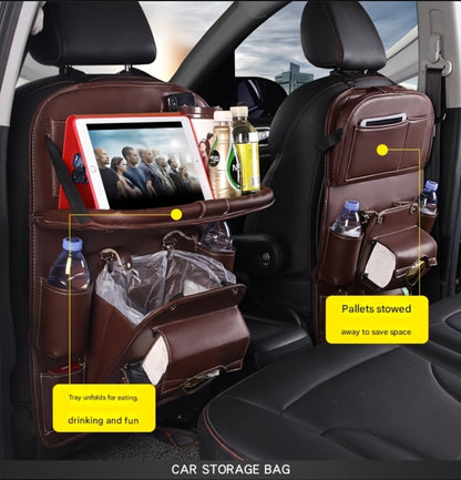 Car Back Seat Organizer with Foldable Tray – Multi-Pocket PU Hanging Storage Bag, Tissue Holder & Footrest Protector for Car Interior | Black, Beige, Brown, Grey