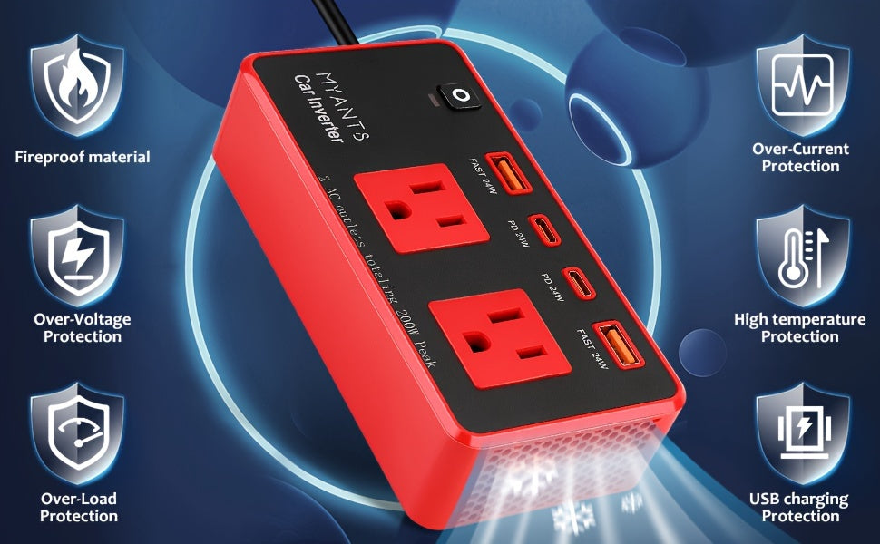 Car Power Inverter 200W, 12V DC to 110V AC Converter Car Outlet Adapter Outlet Fast Car Charger 4 USB Ports 24W [PD & QC 3.0 USB C USB A] Type C Vehicle Power Supply Car Plug Outlet for Road Trips, Camping, Without Battery