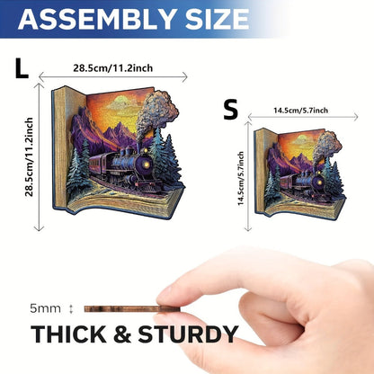 Wooden Jigsaw Puzzle for Adults Galloping Train – 3D Vision Effect Unique Shape Pieces, Book-Style Display, Mountain Sunset Art, Unique Birthday Christmas Holiday Gift for Train Lovers & Puzzle Enthusiasts (S & L Sizes)