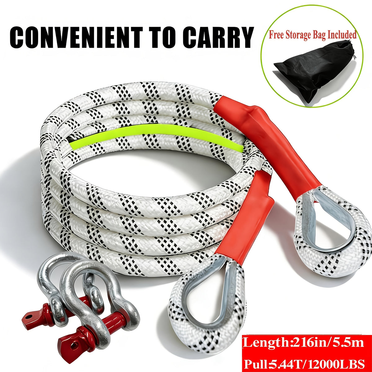 4-Size Heavy-Duty Tow Strap And Hook Kit, 216 In/18 Ft And 374 In/31.17 Ft Nylon Recovery Ropes, 5.44 T/12, 000 Pounds And 18.6 T/41, 000 Pounds And 20.87 T/46, 000 Pounds Capacity, 2 Steel D-Ring Shackles And Storage Bag for Trucks, Suvs, Utvs