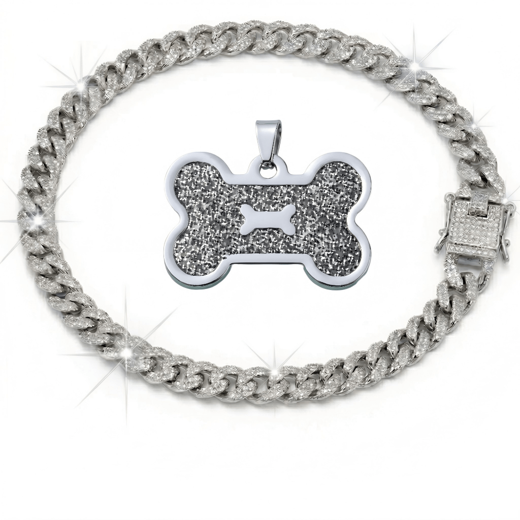 Pet ID Tag & Cuban Link Collar Set – 2pcs Engravable Bone-Shaped Tag with Rhinestone Collar for Dogs & Cats S to 4XL