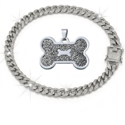 Pet ID Tag & Cuban Link Collar Set – 2pcs Engravable Bone-Shaped Tag with Rhinestone Collar for Dogs & Cats S to 4XL