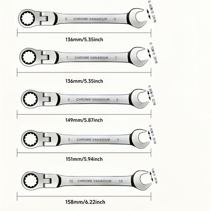 CR-V Flex Head Ratchet Wrench Set 5-Piece – 2-in-1 Reversible Open End & Hex Socket Dual-Purpose Kit | Automotive Engine Bay, Plumbing, DIY Workshop & Confined Space Repair
