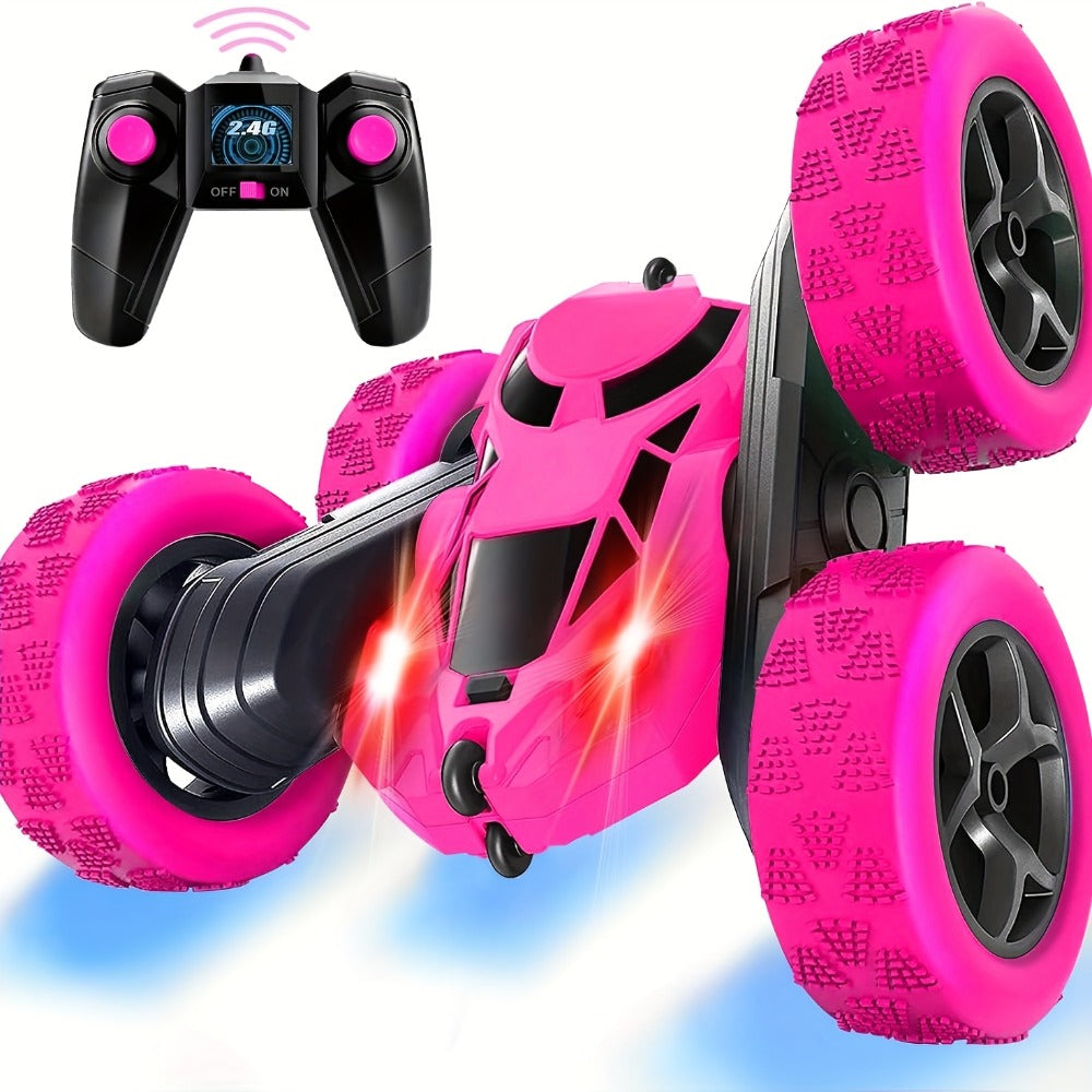 RC Stunt Car Double Sided 360 Degree Flip Remote Control Car with LED Headlights & 1400mAh Rechargeable Battery – 2.4GHz Rotating Drift Trick Car for Kids Ages 6+, Birthday Christmas Gift Boys Girls Blue Pink Orange