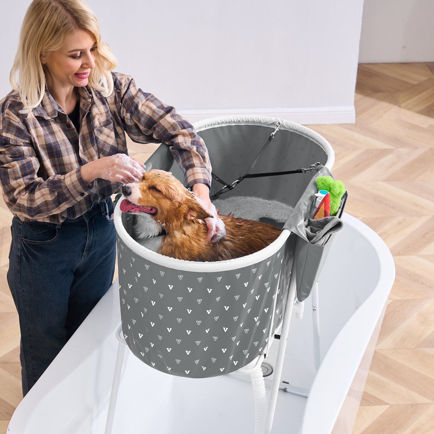 Elevated Foldable Pet Bathtub – Stand-Up Dog Grooming Tub with Carbon Steel Legs, 220 lbs Capacity & Expandable Drain Hose | 33"x18" PVC Tub for Pets 10–65 lbs | Space-Saving Collapsible Design | Gray
