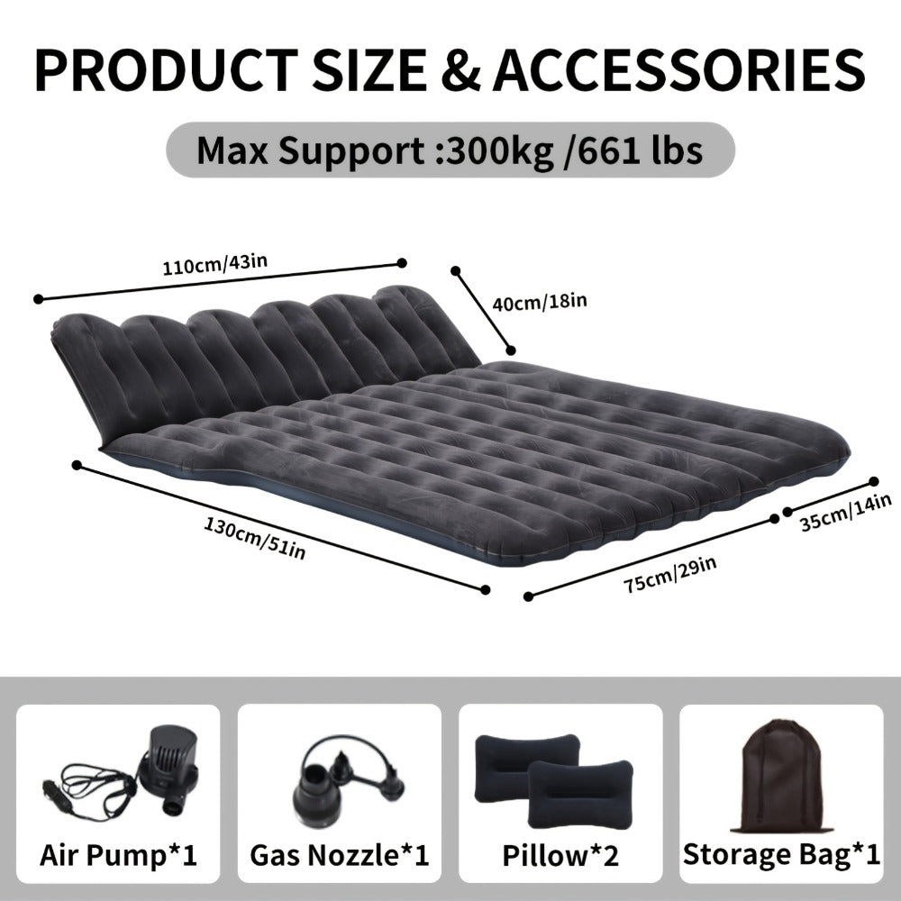 SUV Air Mattress for Camping Inflatable Car Bed with Air Pump 2 Pillows Flocking Surface Portable Sleeping Pad for SUV Backseat Road Trip Family Travel, Black
