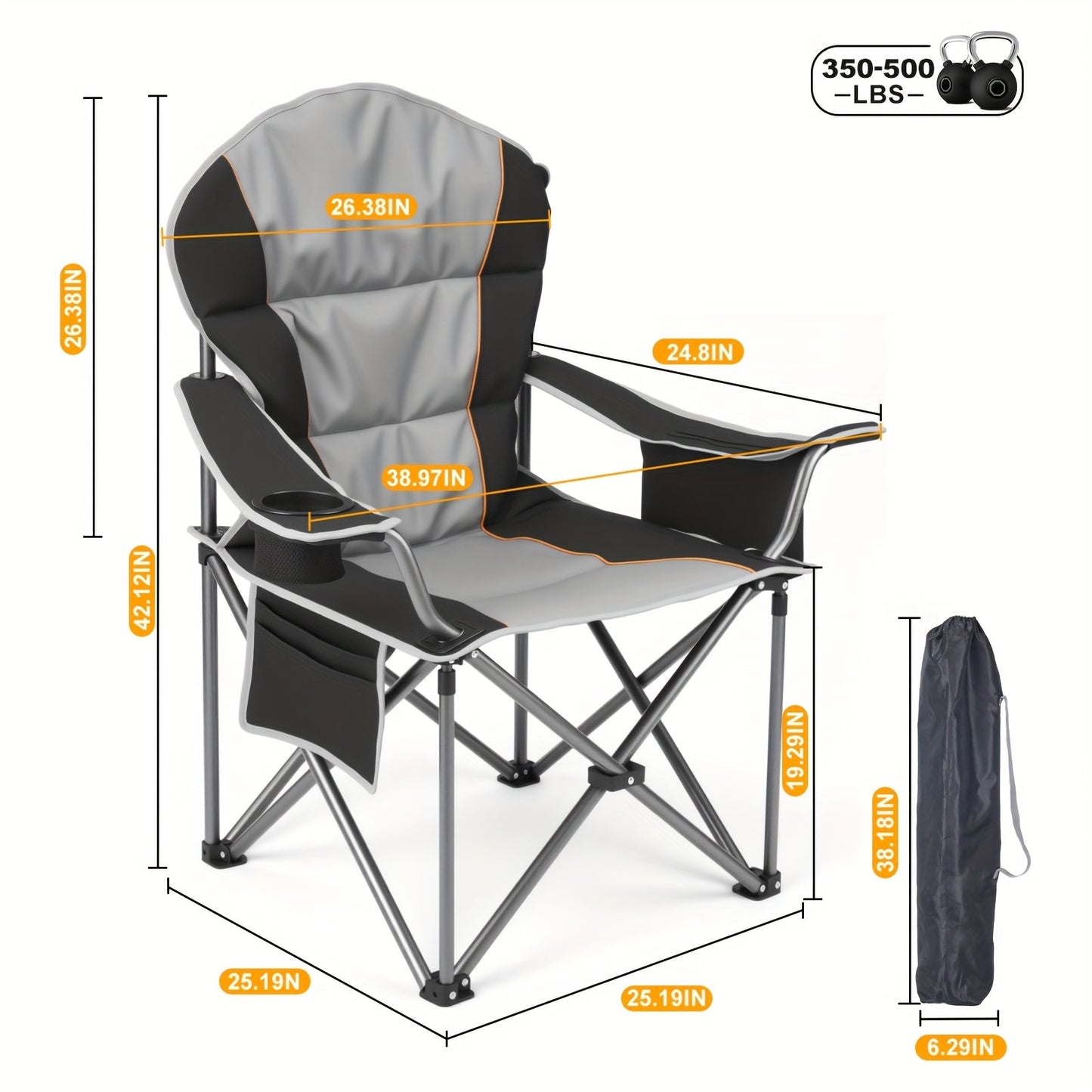 Heavy Duty Folding Camping Chair 600 Lbs Capacity – Padded Seat, Insulated Cooler Bag, Organizer Pockets & 2 Cup Holders for Camping, Beach, Fishing & Outdoor Events