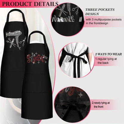 Rhinestone Barber Apron Set of 2 – Professional Hair Stylist Salon Smock 3 Pockets Hairdresser Apron Unisex Durable Barbershop Uniform for Women Men Gift for Barber