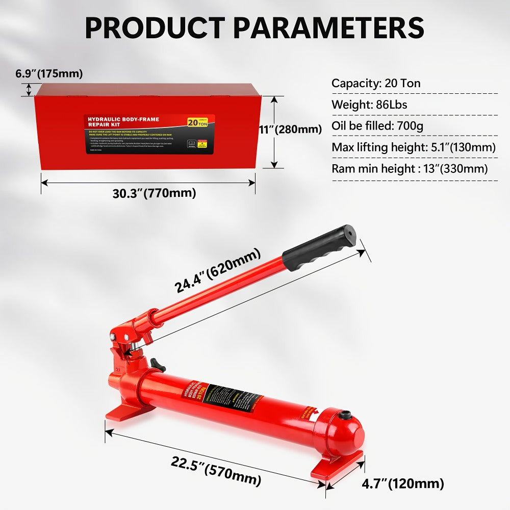 Porta Power Hydraulic Jack Kit 4 / 10 / 20 Ton, High Carbon Steel Body Repair Ram Set for Pulling Pushing Lifting Bending Straightening, Auto Overload Protection, Cars Trucks Farm Equipment, with Case
