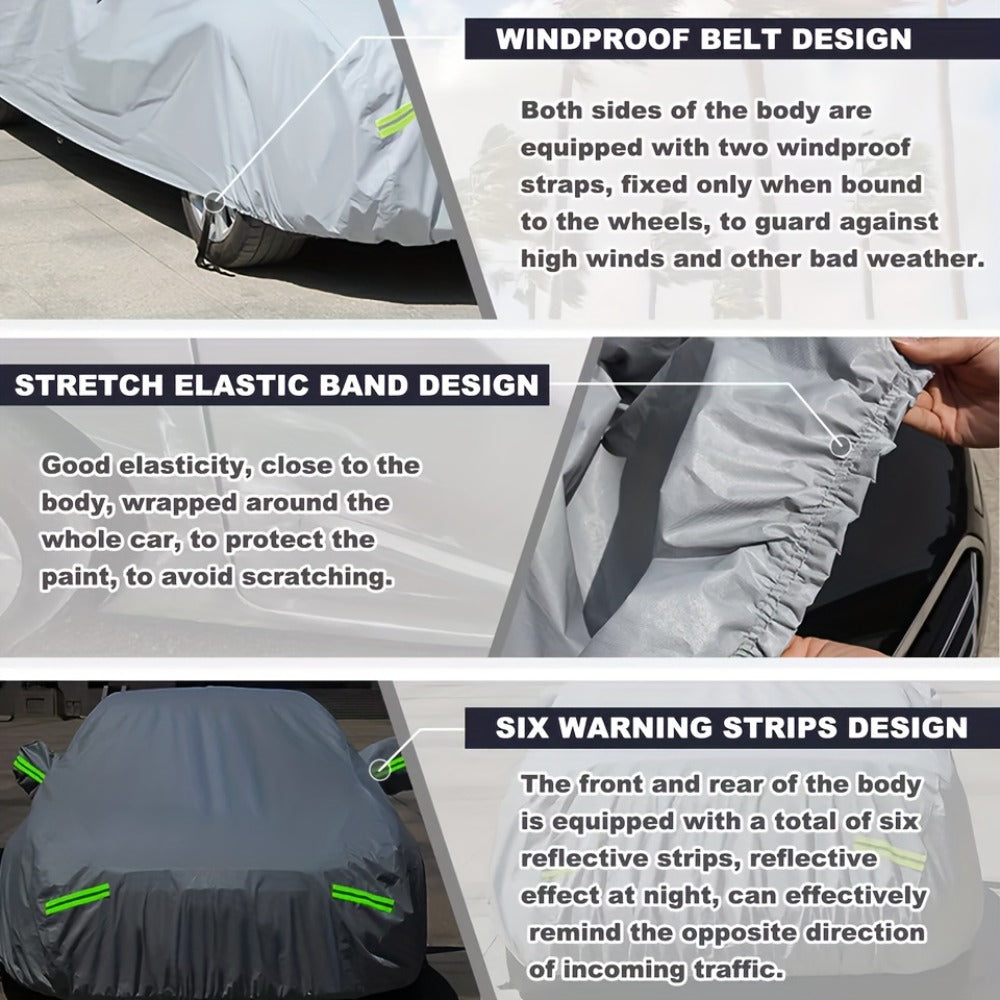 Full Car Cover 3-Layer 190T Waterproof All-Weather UV Snow Dust Protection with Reflective Strips – Silver, XL & XXL, Indoor Outdoor Universal Fit Sedan SUV