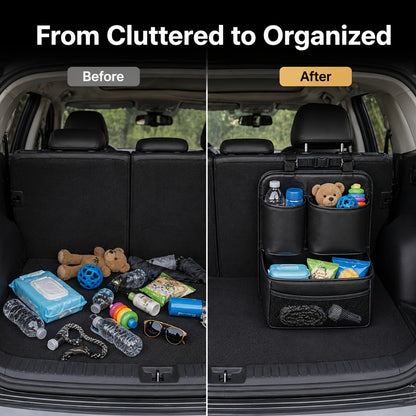 PU Leather Car Trunk Organizer – Multi-Pocket Storage Bag with Adjustable Straps & Bottle Slots – Collapsible SUV Cargo Organizer for Travel & Auto Organization