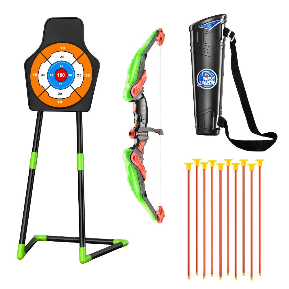 Kids Bow and Arrow Archery Set 10 Suction Cup Arrows Quiver Standing Target Safe Outdoor Toy Boys Girls Ages 3+ Birthday Christmas Holiday Gift Young Archers Green