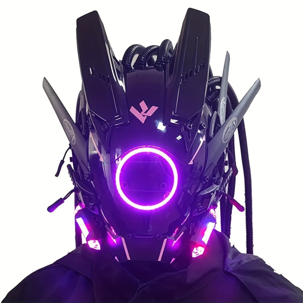 LED Cyberpunk Samurai Mask with Braids – Futuristic Sci-Fi Mechanical Face Mask for Halloween, Cosplay, Music Festival & Rave Party, Blue Green Pink, Free Helmet Included, Adult Gift