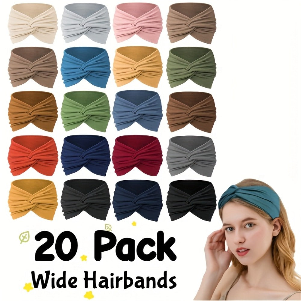 Stretchy Headbands 20 Pack for Women & Men – Soft Sweat-Wicking Non-Slip Elastic Turban Knot Hair Wraps Breathable Solid Colors for Yoga Running Gym Workout Daily Fashion Bulk Set