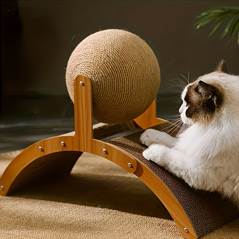 Cat Scratching Ball & Post 2-in-1 with Hanging Ball Toy - Extra Tall Sisal Cat Scratcher for Claw Sharpening, Heavy-Duty Scratching Pad for Kittens & Cats, Self-Adhesive Base, 6.69x14.57x11in