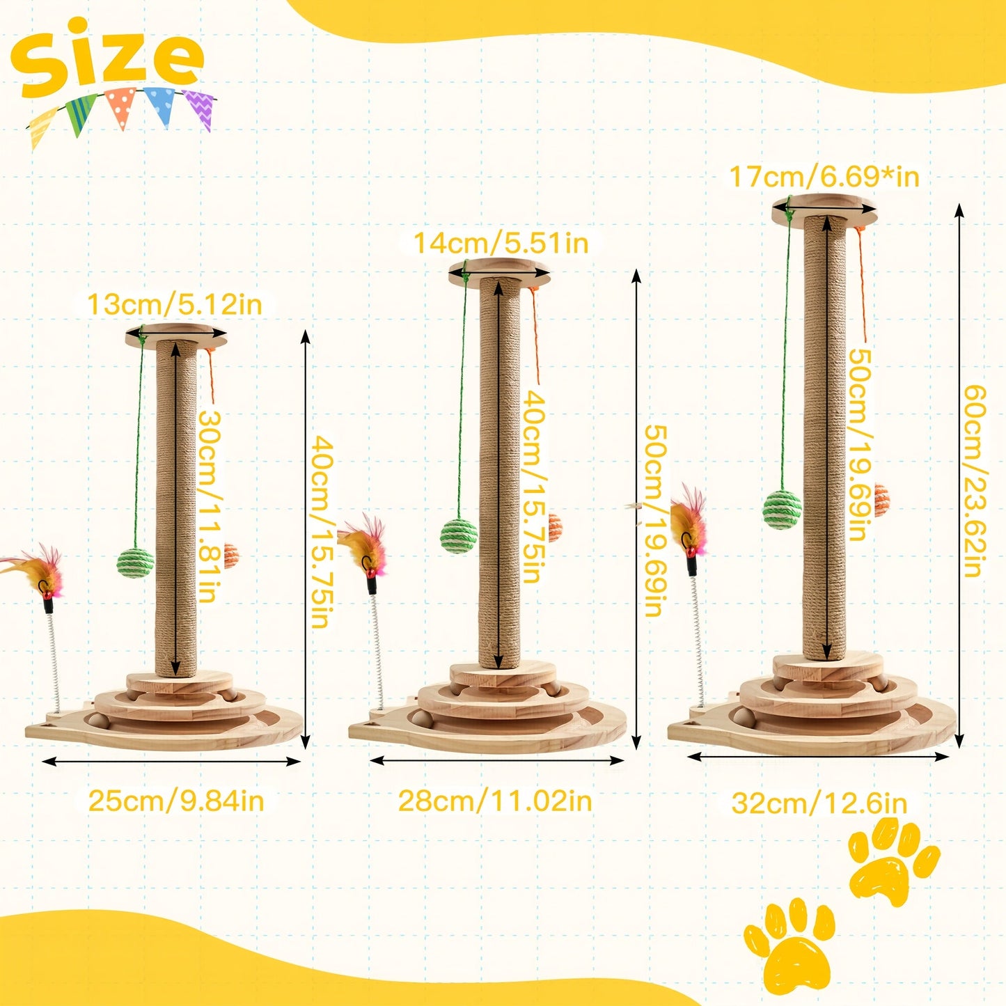 Multi-Level Sisal Cat Scratching Post 4-in-1 with 6 Wooden Balls 2 Hanging Balls & 2 Feather Teaser Toys - Premium Thickened Sisal Anti-Slip Base for Indoor Cats M L XL + Replacement Pillars